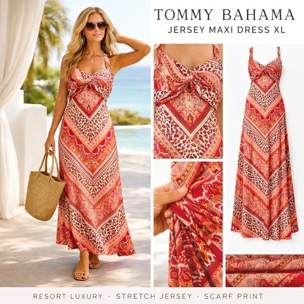 Tommy Bahama Maxi Dress Sz XL Twist Front Orange Jersey Resort Boho Scarf Print